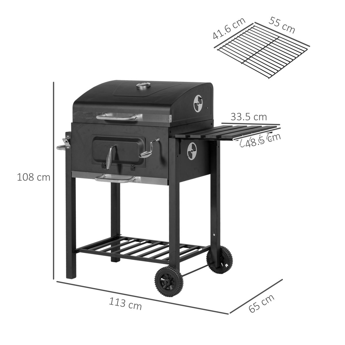 Charcoal Grill BBQ - Shelf Side Thermometer Steel Black