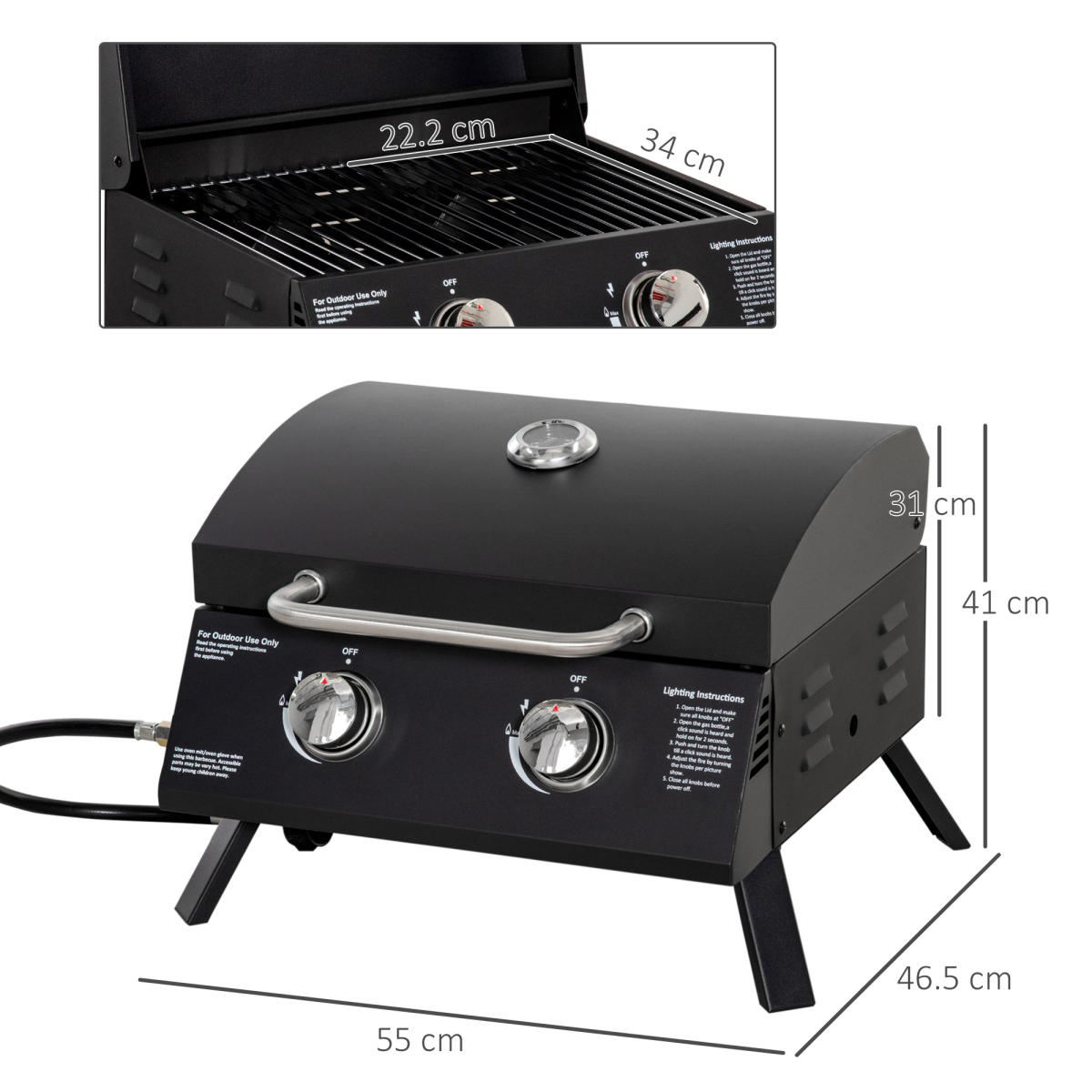 2 Burner Gas BBQ Grill Portable Black