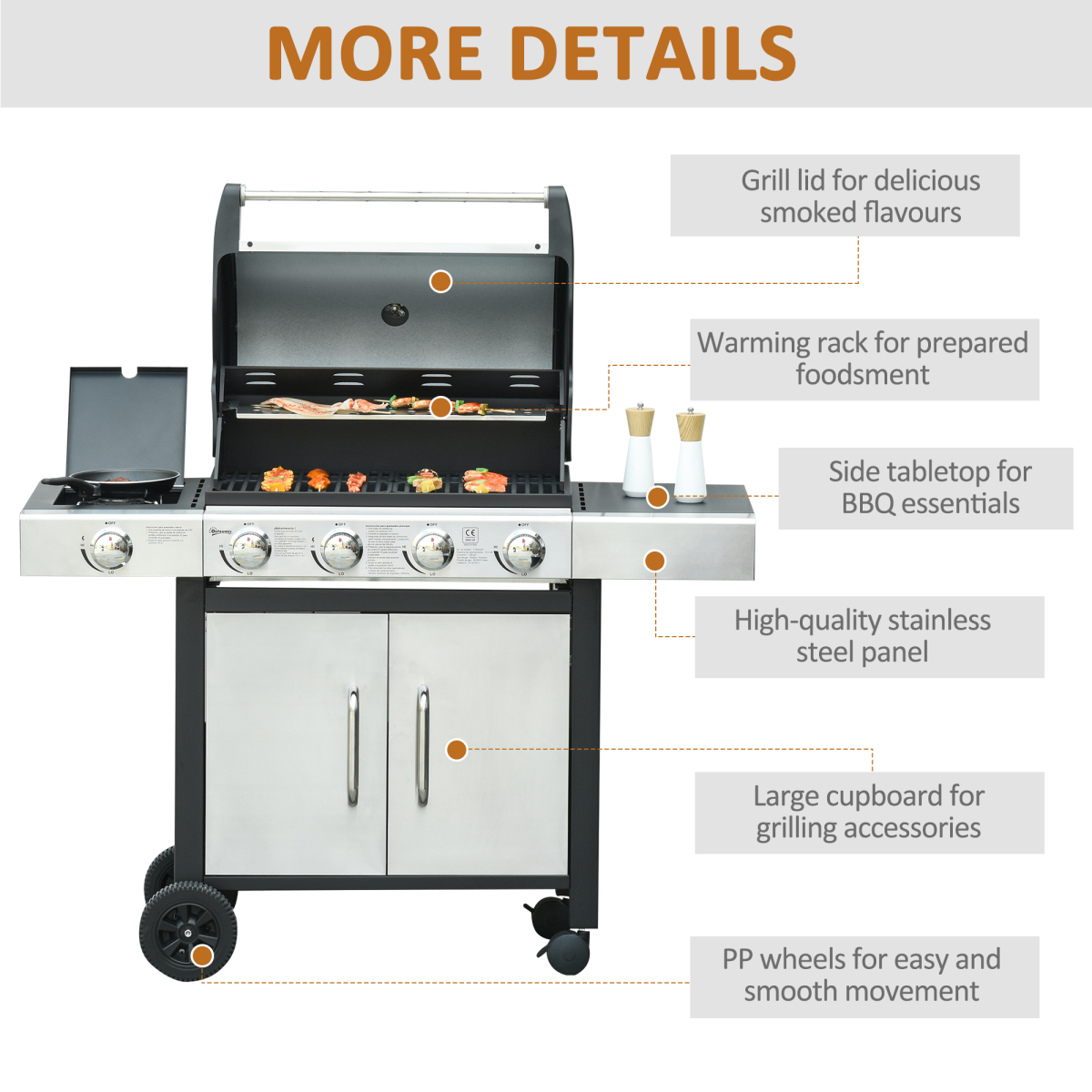 Gas Barbecue Grill 4+1 Burner BBQ Trolley Stainless Steel