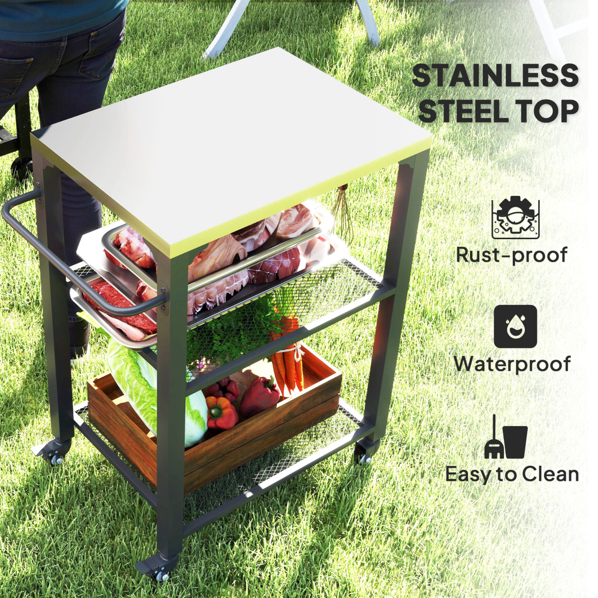 3-Shelf Outdoor Grill Cart, Outdoor Stainless Steel Top