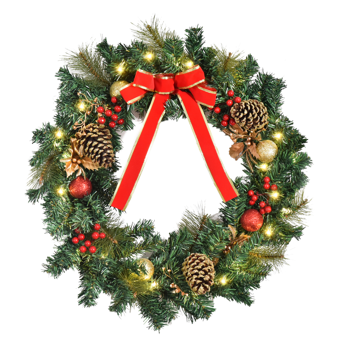 60cm Pre-Lit Artificial Christmas Door Wreath Holly LED Decor Pine Cones Hanging