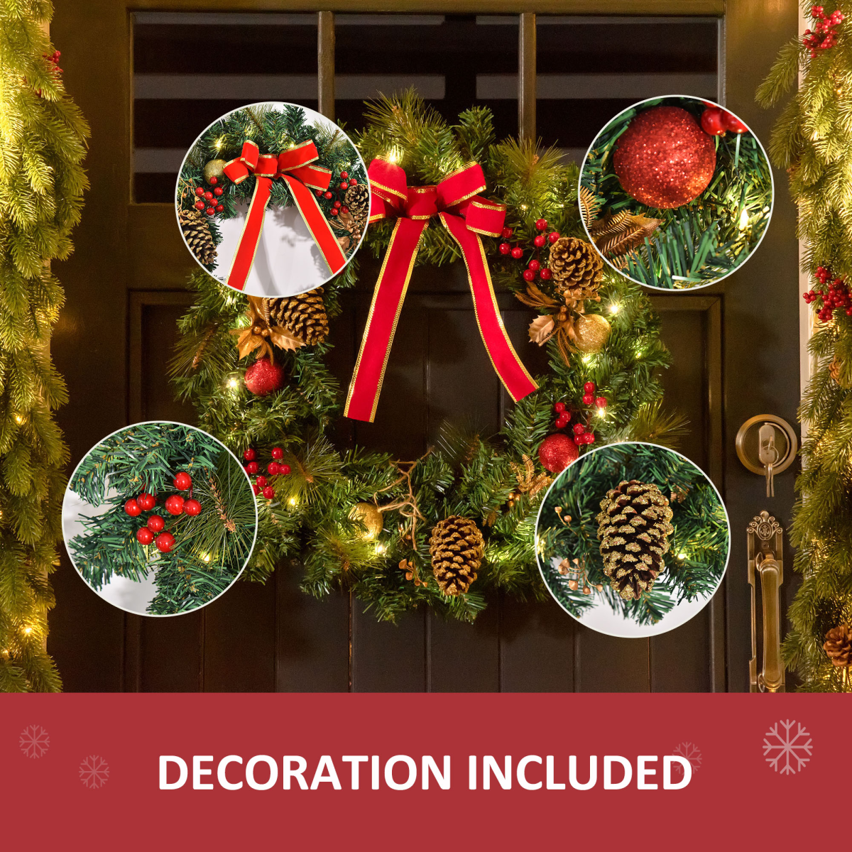 60cm Pre-Lit Artificial Christmas Door Wreath Holly LED Decor Pine Cones Hanging