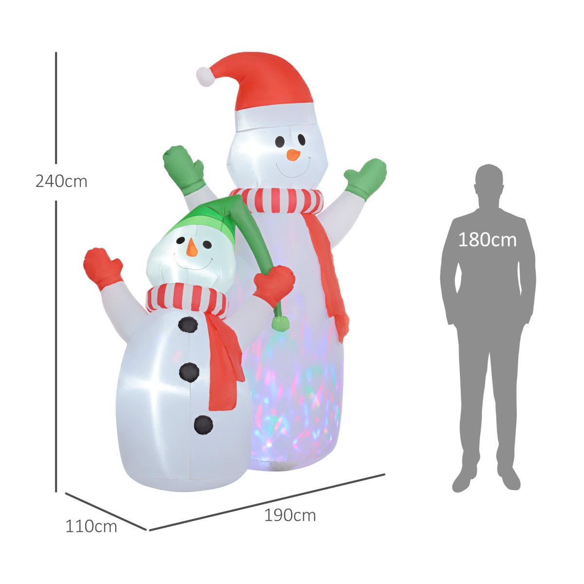 close-up of outsunny 8ft christmas inflatable snowman with rotating colorful led light details