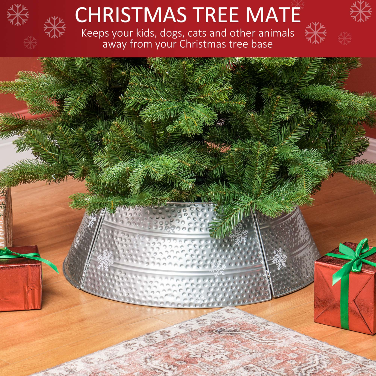 angled view of homcom 66cm christmas tree collar with hollow snowflake patterns silver