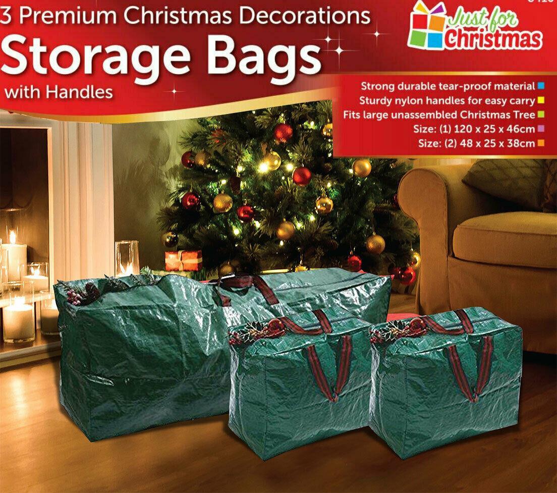 photo of 3x christmas storage zip bags tree, decorations, lights with handles - 1xl, 2xs on display