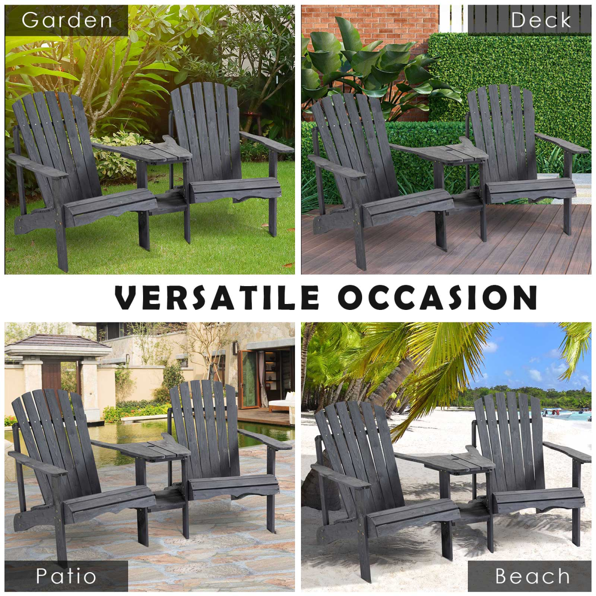 Additional view of wooden double adirondack chairs & centre table & umbrella hole, grey