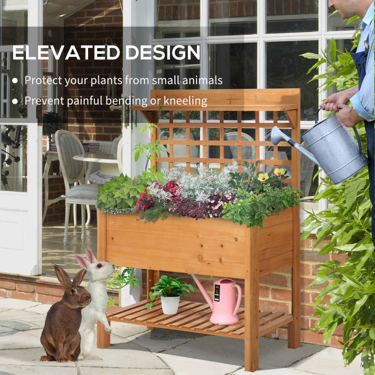 105x40x135cm Wooden Planter Raised Elevated Bed Planter Flower with 2 Shelves alternative style 6