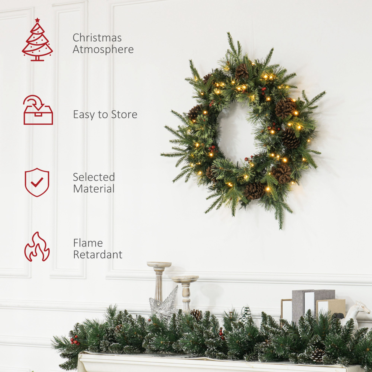 product photo of 60cm Christmas Wreath with LED Lights Pine Cones Red Berries Green