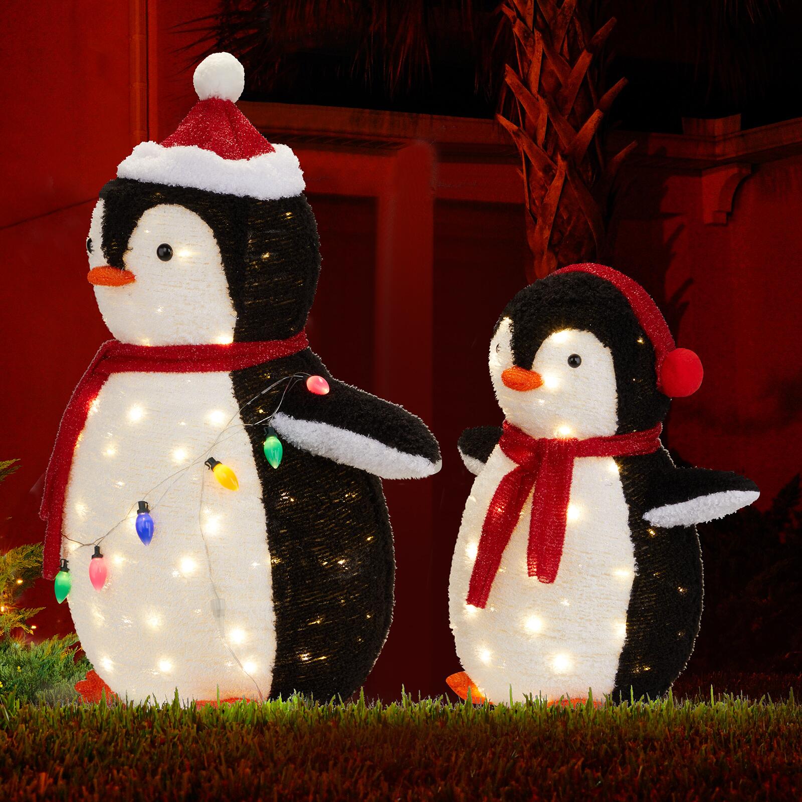 2-Piece Lighted Plush Penguins Christmas, Set of 2 Pre-lit Pull Up Penguins