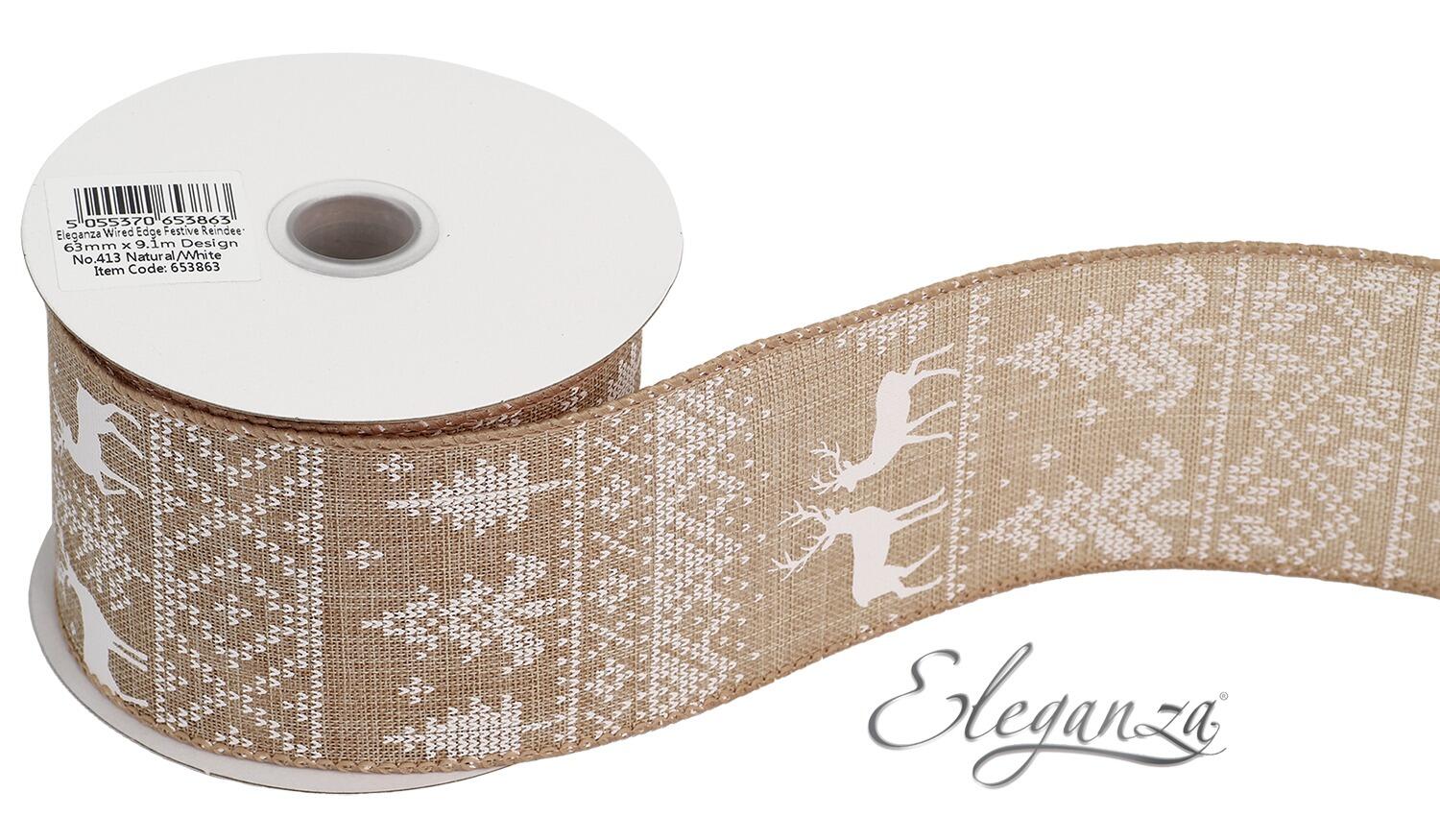 Wired Edge Festive Reindeer ribbon 63mm x 9.1m