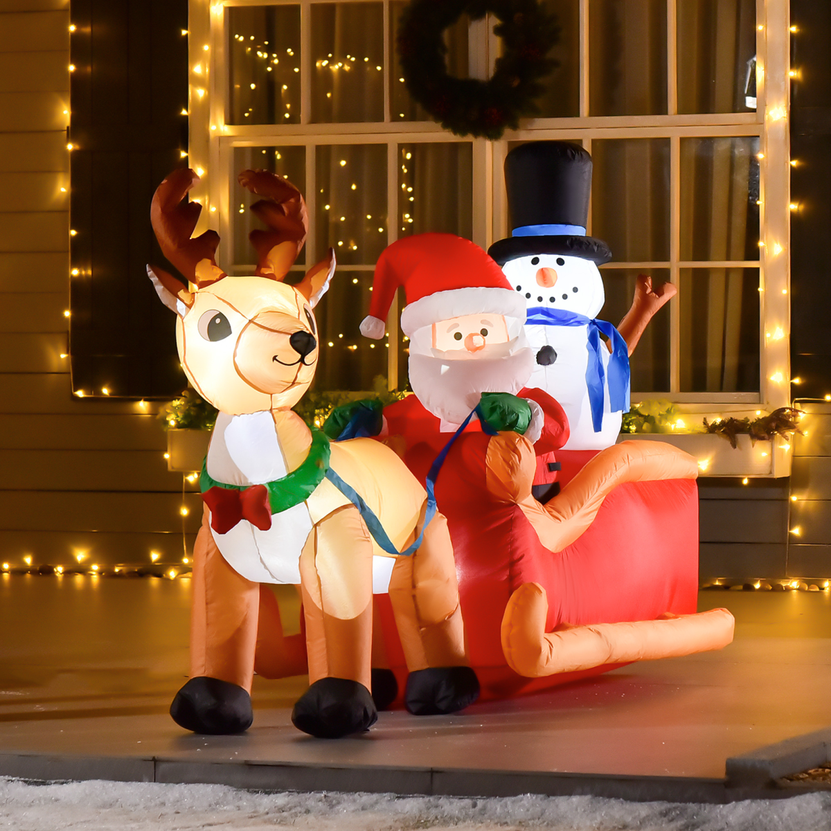 Photo of 4ft Christmas Inflatable Santa Claus on Sleigh Deer LED Lighted shown from the front.