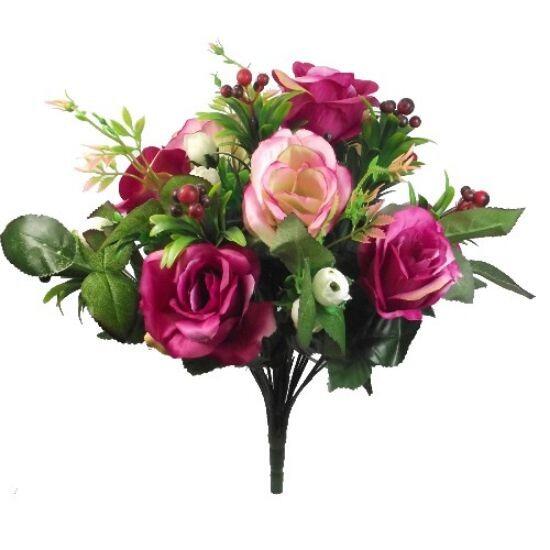 Pink and Wine artificial flower Roses with mixed green foliage