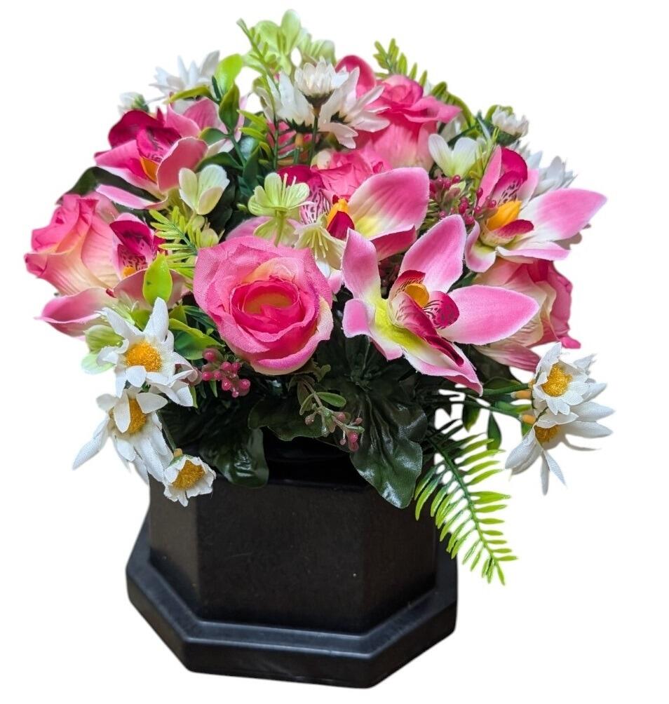 Artificial Grave Flowers in Memorial Base Vase Pink Orchids and Roses
