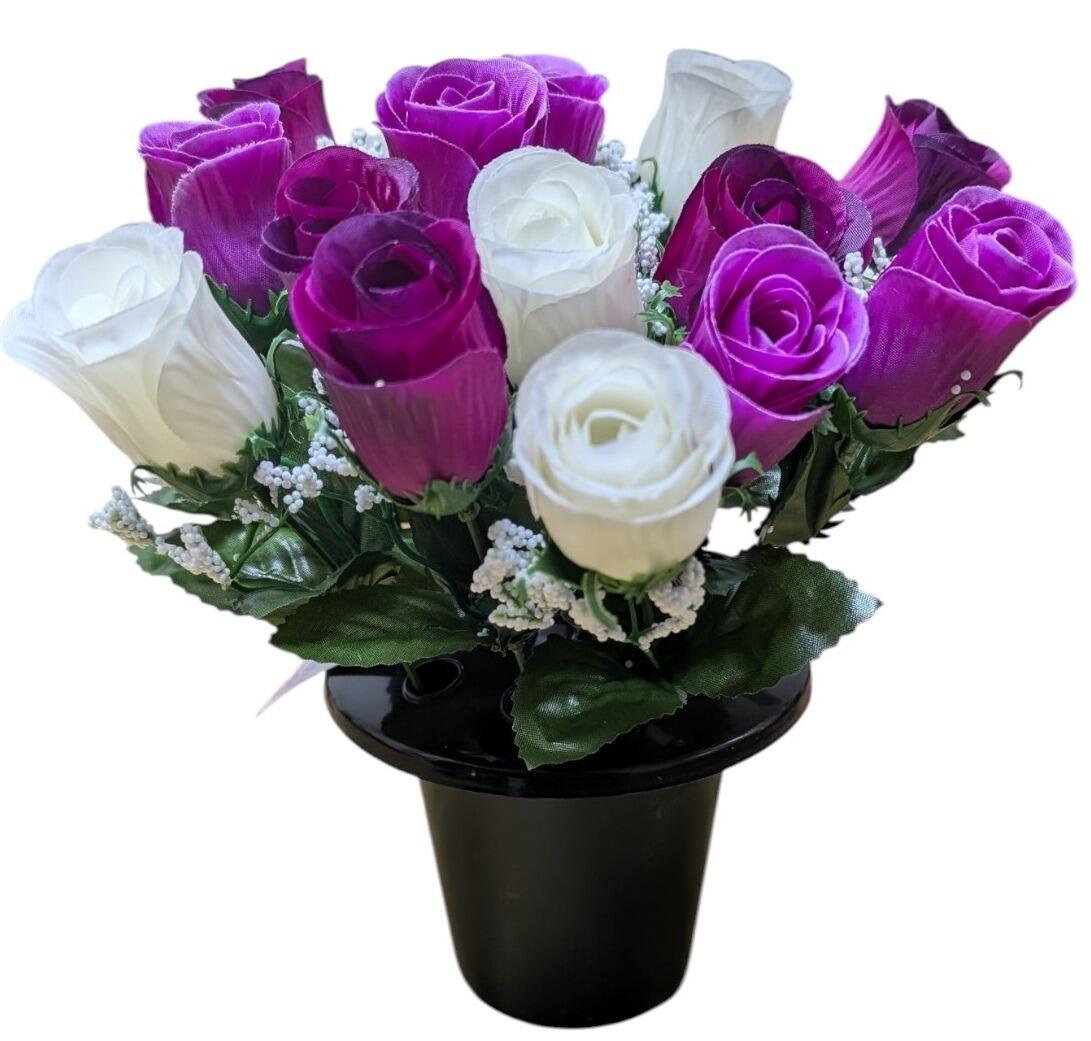 Weighted Grave Flower Vase Pot with Rosebud Artificial Flowers Purple and Lilac