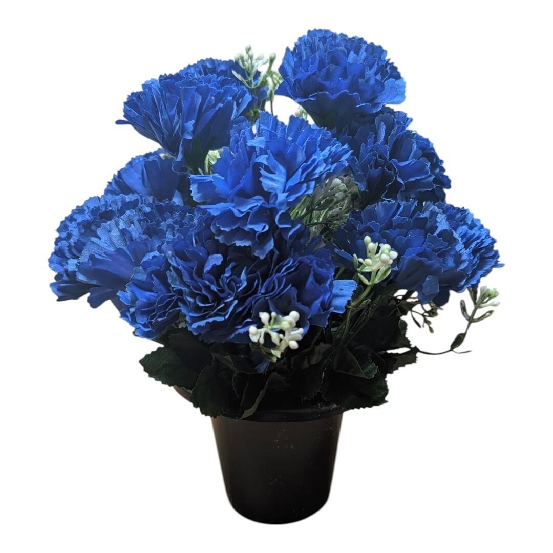 A luxury handmade grave pot with artificial royal blue carnation flowers
