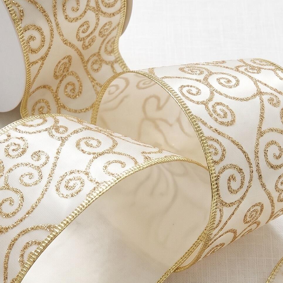 Christmas Fabric Wired Edge Ivory & Gold Swirl Ribbon