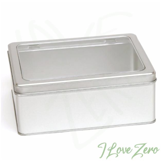 Large Silver Rectangular Tin With Hinged Window Lid