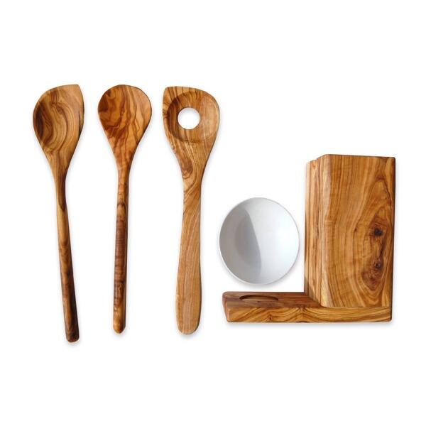 5 Piece Kitchen Set With 3 Olive Woods Spoons
