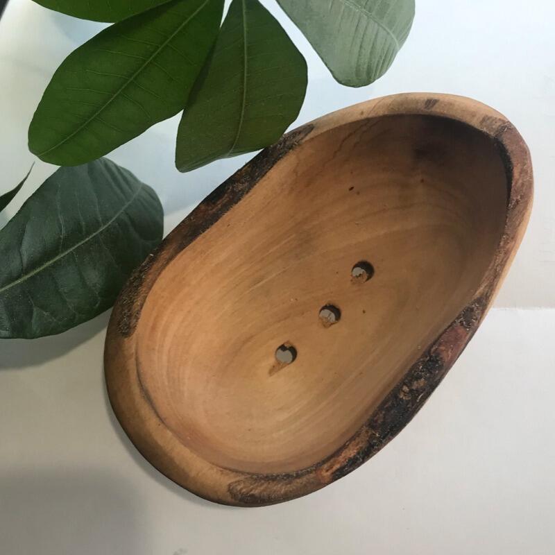 Olive Wood Soap Dish - Rustic Oval Grooved 10cm-12cm