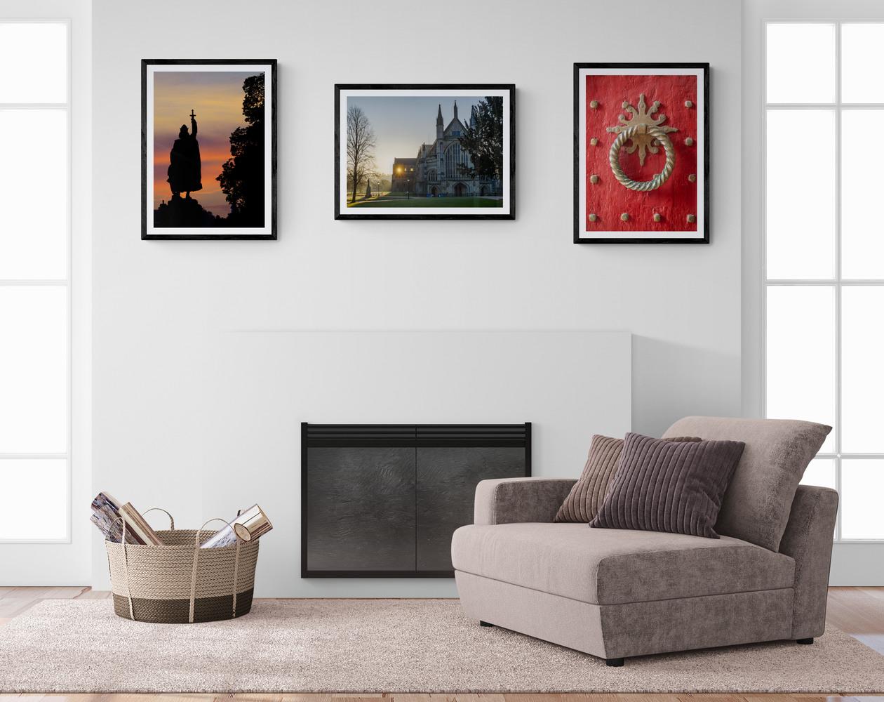 An example of three framed prints in a living space
