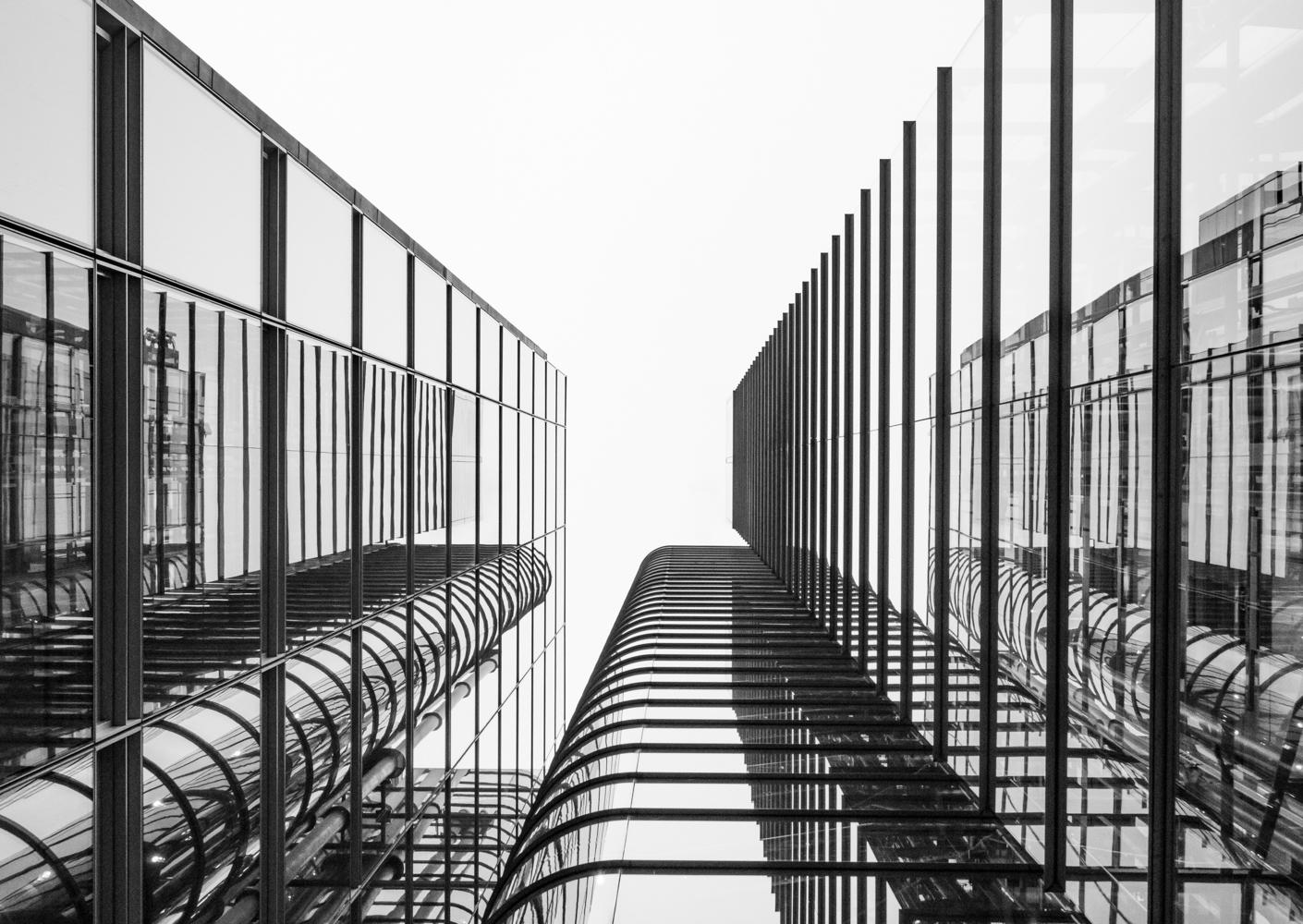 An architectural wall art print in black and white called Mirror Image.