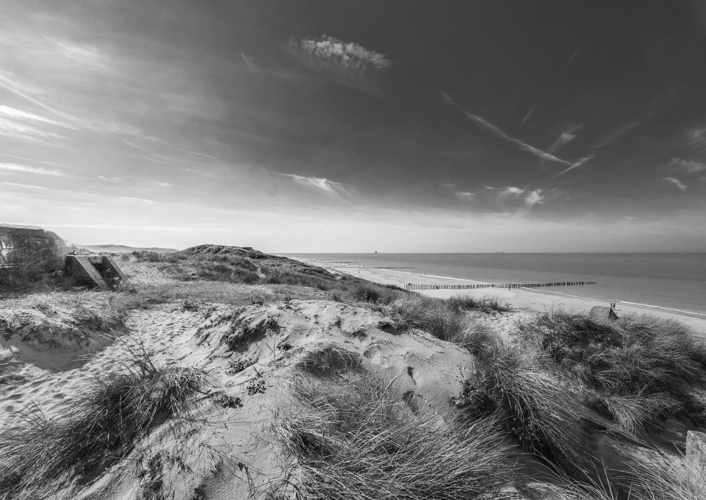 This image called Calais Defences is a seaside wall art print showing off the Calais coast in black and white.