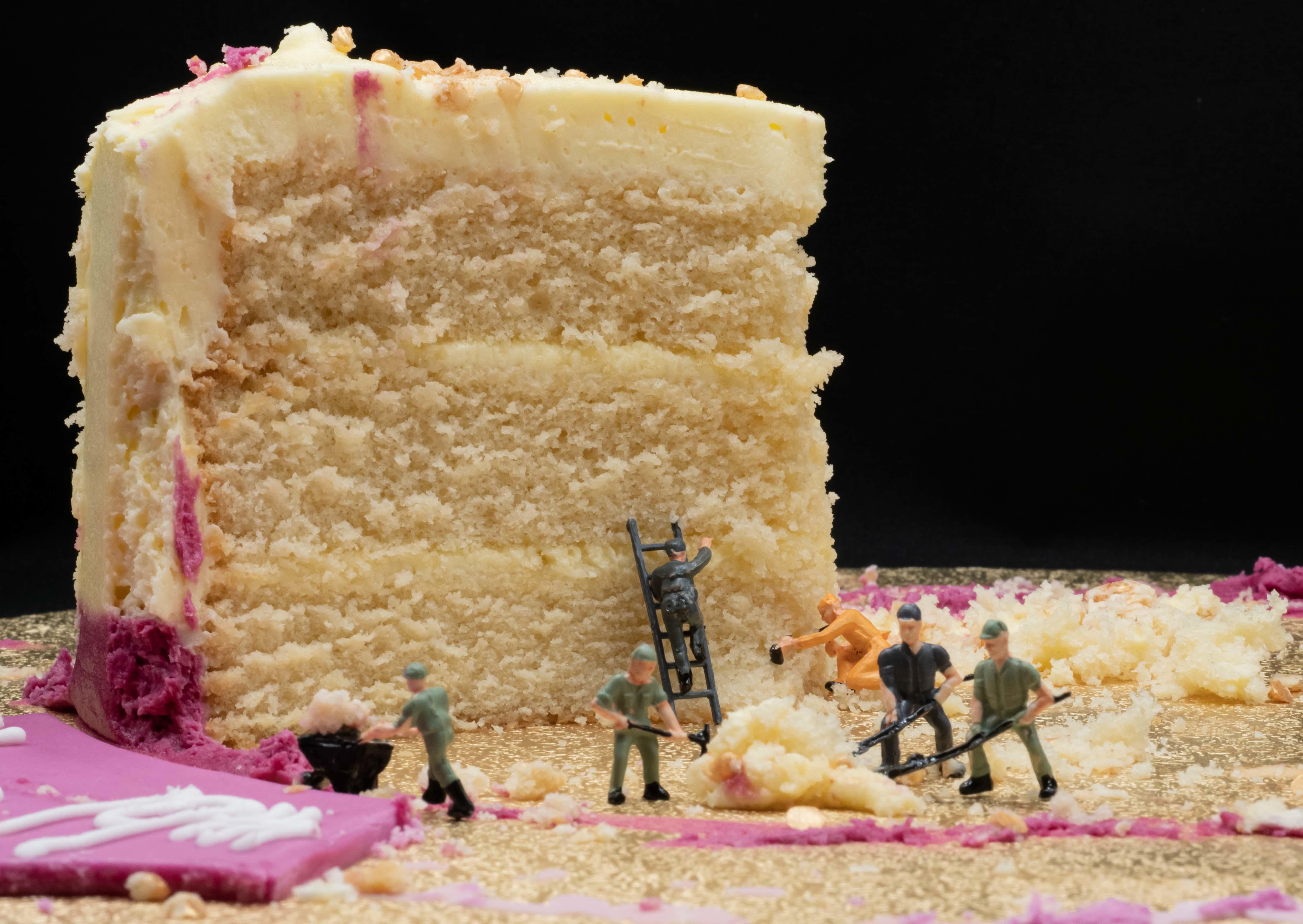 Dismantling The Last Slice uses miniature figurines and a real birthday cake to produce this fun print.