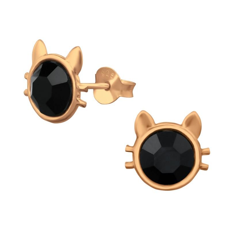children's sterling silver rose gold cat stud earrings
