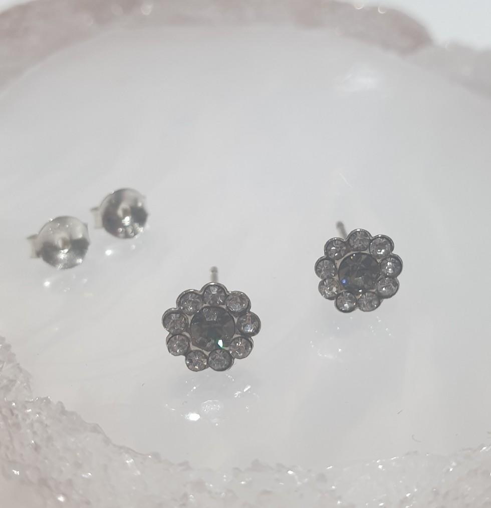 children's sterling sliver diamante black flower stud earrings