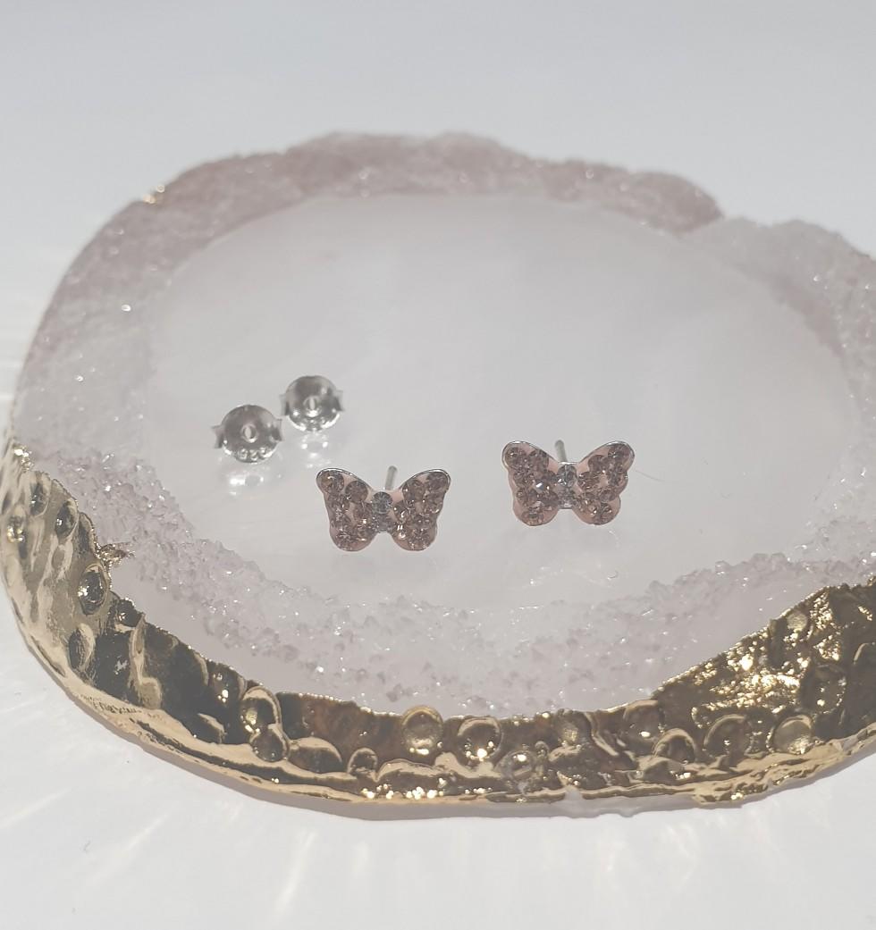 children's sterling silver diamante rose gold butterfly stud earrings