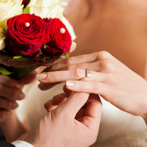man puts wedding ring on the bride's finger