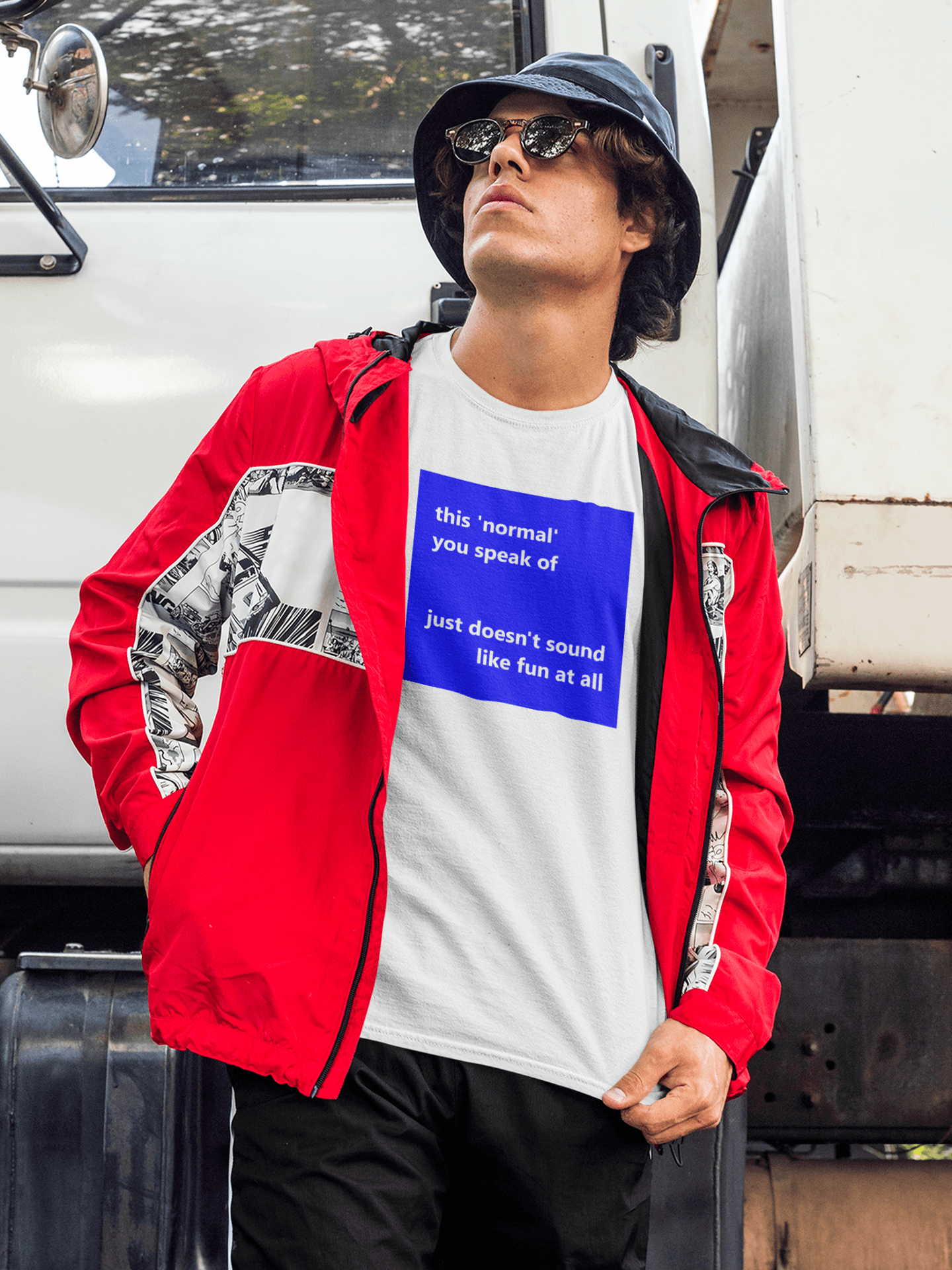 young trendy man in red jacket wearing a slogan t-shirt