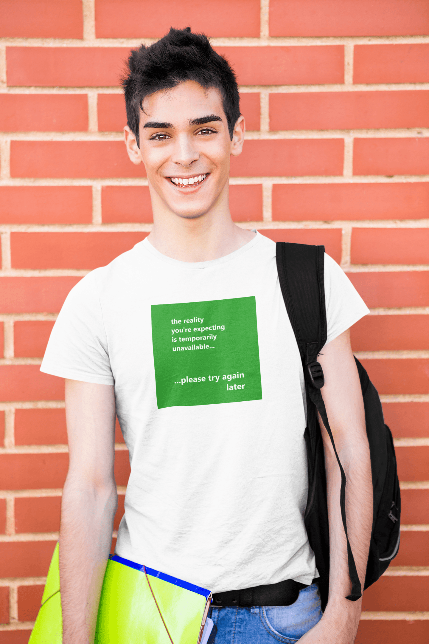 young male student wearing a slogan t-shirt
