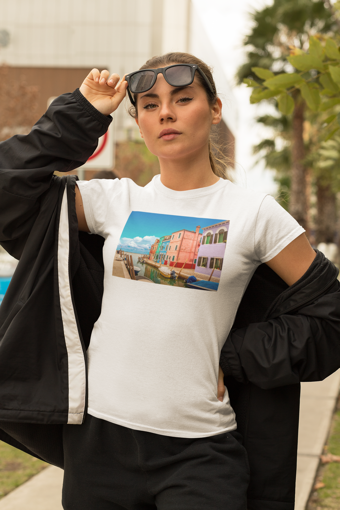 woman in sporty clothes wearing a Message Box picture t shirt