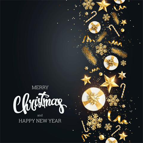 gold christmas decorations on a black background