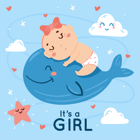 drawing of a baby girl and a whale