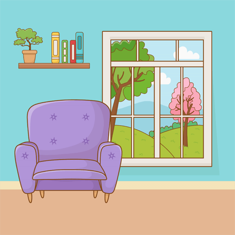 purple armchair and window with a view
