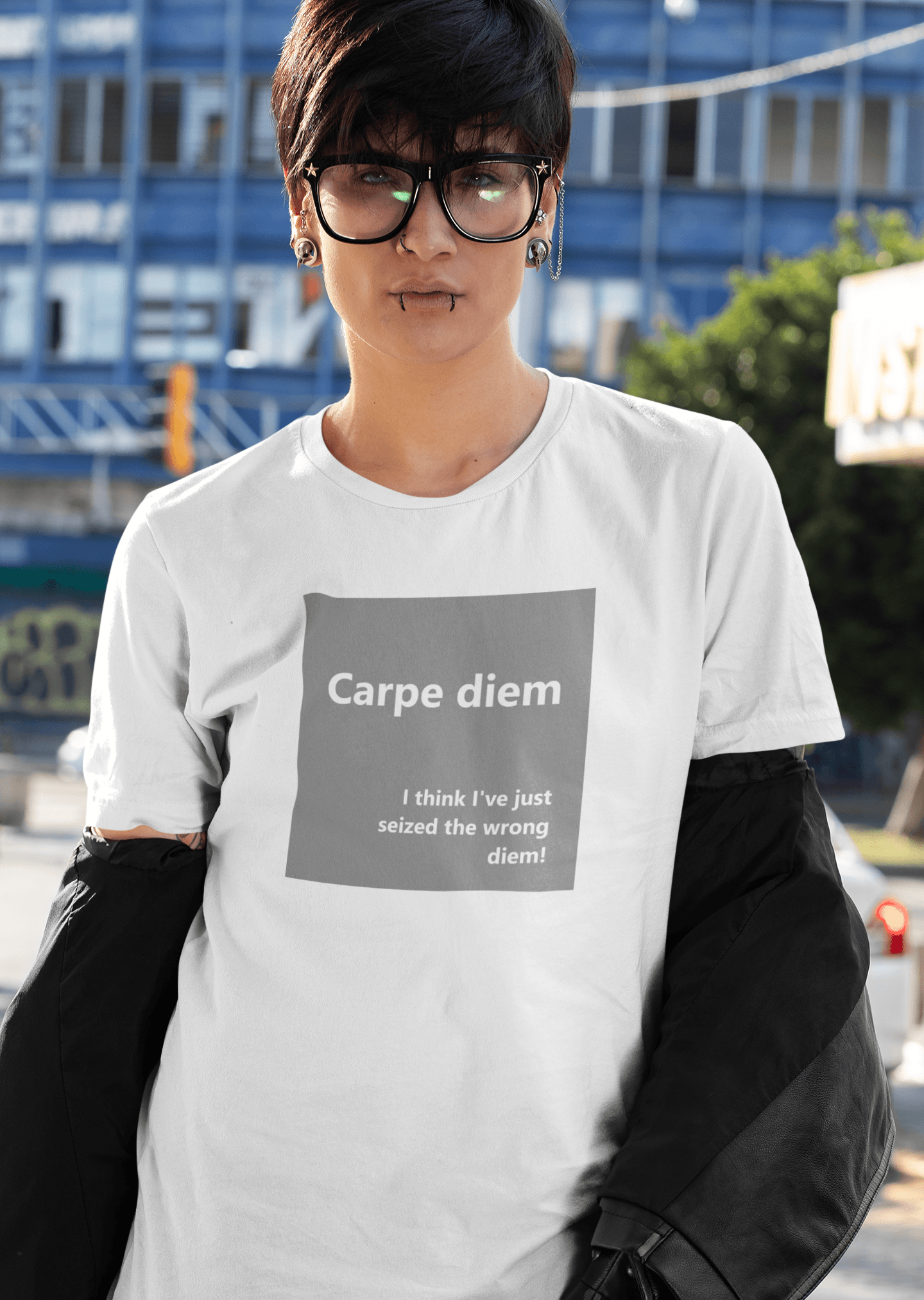 trendy girl wearing carpe diem slogan t-shirt