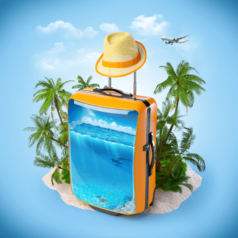 packed suitcase and sun hat