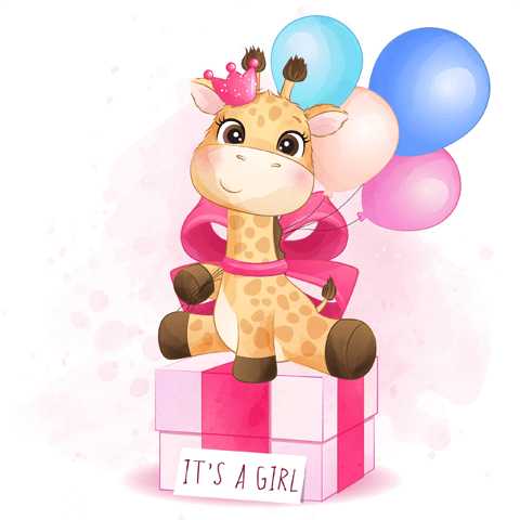 baby giraffe in pink with balloons