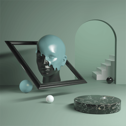 abstract design in green with model head and steps