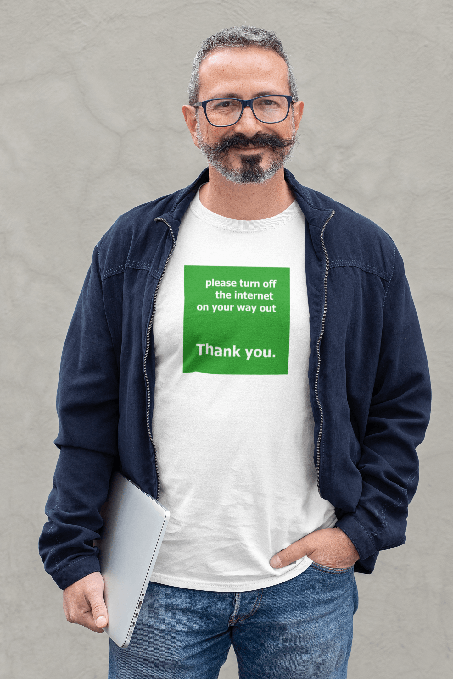 bearded professor wearing slogan t-shirt