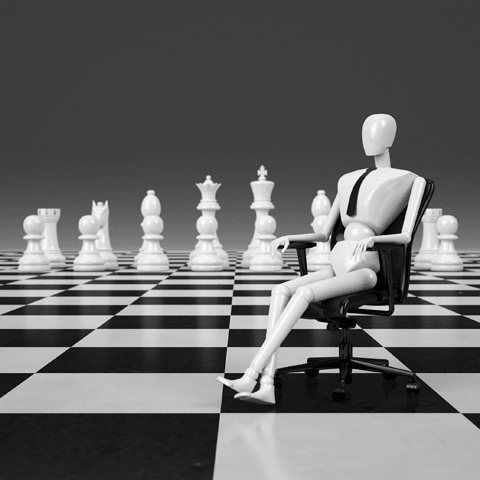 black and white chessboard with man figure in chair