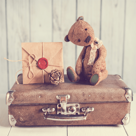 teddy bear and a brown suitcase