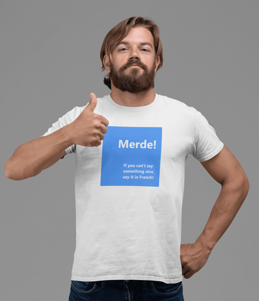 bearded man wearing a french slogan t-shirt