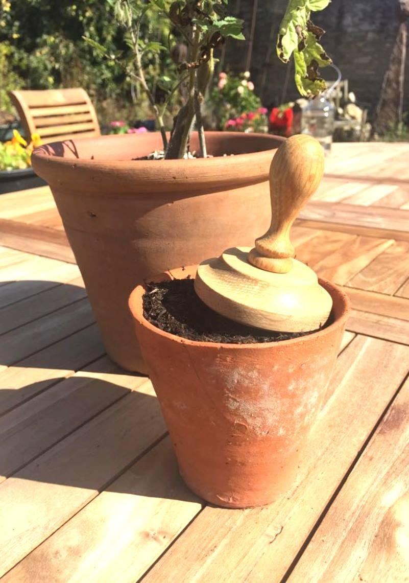 Circular wooden disk with shaped wooden handle pictured sitting on top of a terracotta pot of compost.