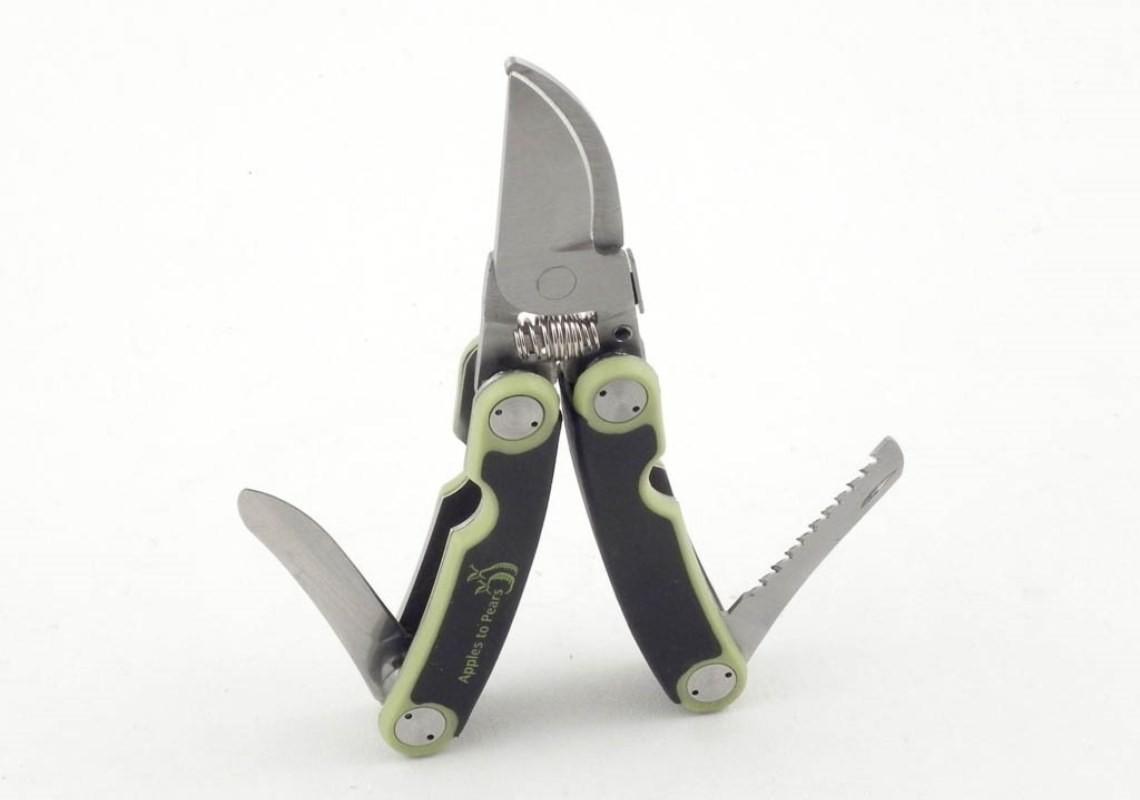 stainless steel folding secateurs with additional tools that retract into handle including knife and pruning saw,