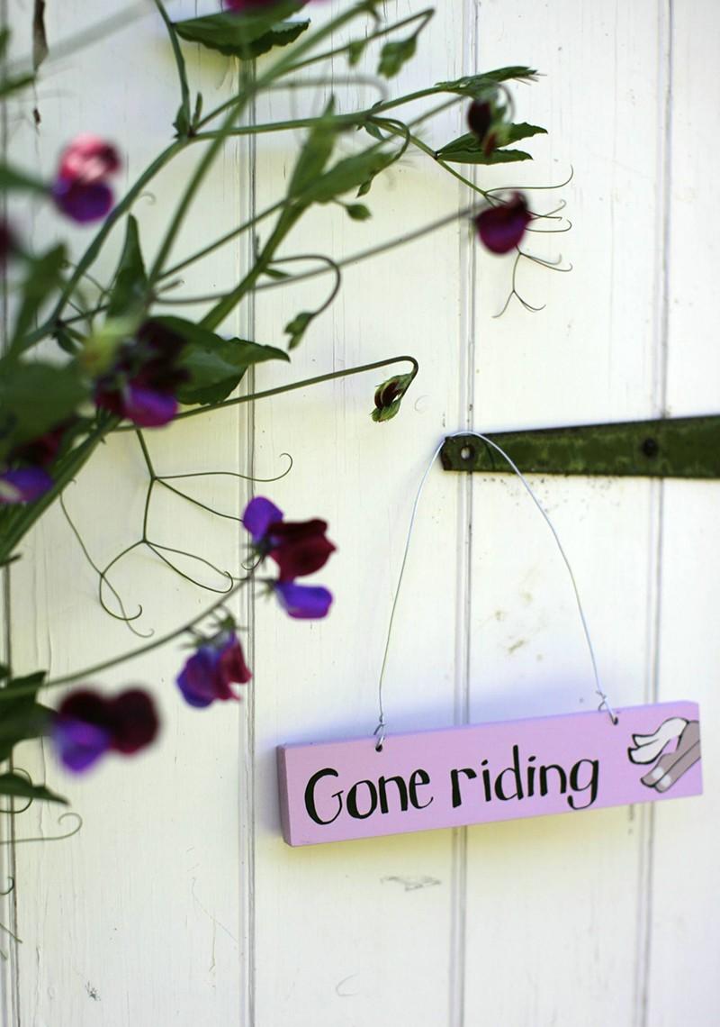 Pink painted wooden door sign hanging on a rustic grey painted tongue and groove door.