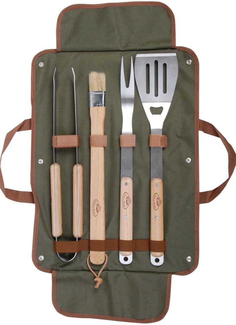 Set of four BBQ tools held in place within an open green brown edged carry bag with brown handles.