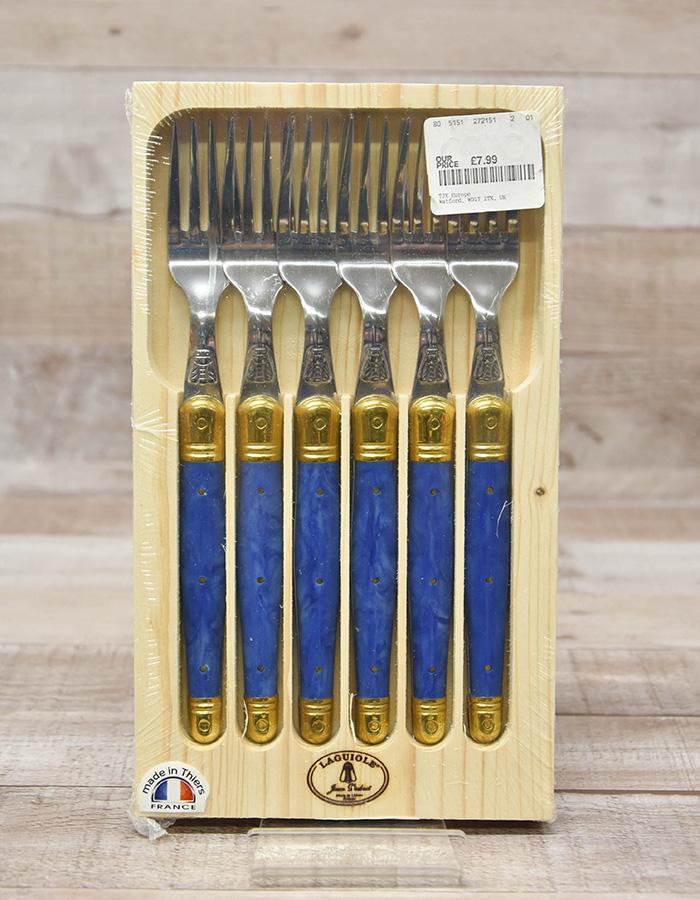 LAGUIOLE BOXED SET OF SIX BLUE AND GOLD HANDLED FORKS